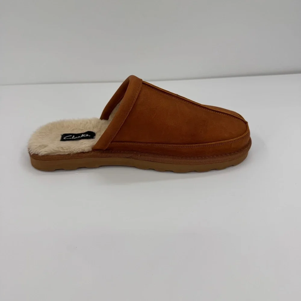 Clarks Men's Size 10 Leather Faux Fur Lined Scuff Slip Ons Slippers Tan Brown - Picture 8 of 11